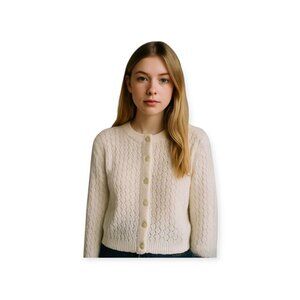Vintage White Grannycore Cardigan Soft Girl Cozy Knit Medium Layering Sweater Up
